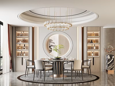 Elegant Modern Restaurant Interior With Round Dining Table Chandelier And Display Cabinets 3d model