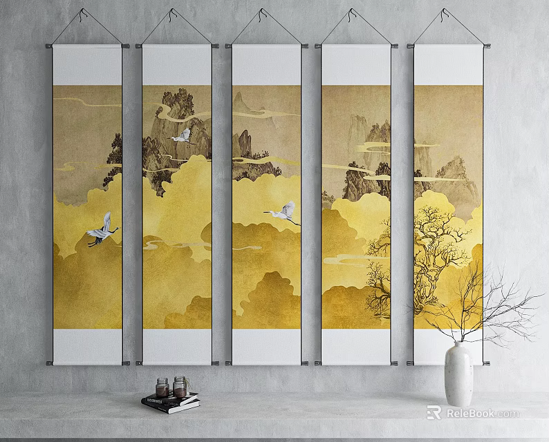 Five Landscape Scroll Paintings With Golden Clouds Flying Cranes Distant Mountains And Trees 3d model