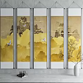 Five Landscape Scroll Paintings With Golden Clouds Flying Cranes Distant Mountains And Trees 3d model