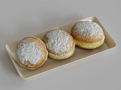 Three Round Desserts Covered with Powdered Sugar Served on Light Colored Rectangular Tray 3d model