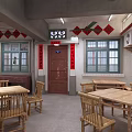 Traditional Chinese Style Restaurant Interior With Carved Decorations Counter And Staircase