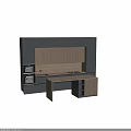 Modern Kitchen Interior With Wooden Vertical Slat Cabinets And Gray Cabinetry