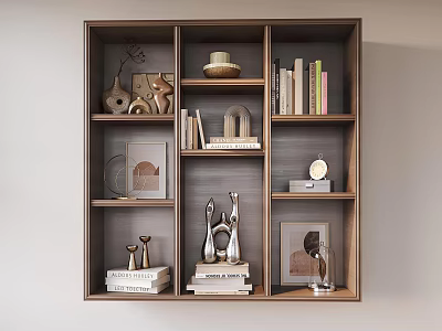 Wooden Decorative Cabinet with Shelves Displaying Books Sculptures and Photo Frames 3d model