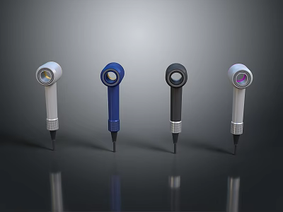 Four Different Colored Handheld Electronic Devices With Lens Parts And Reflective Bases 3d model