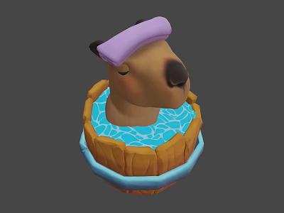 Cartoon Animal Character Wearing Pink Bath Cap in Wooden Barrel Tub With Water 3d model
