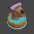 Cartoon Animal Character Wearing Pink Bath Cap in Wooden Barrel Tub With Water