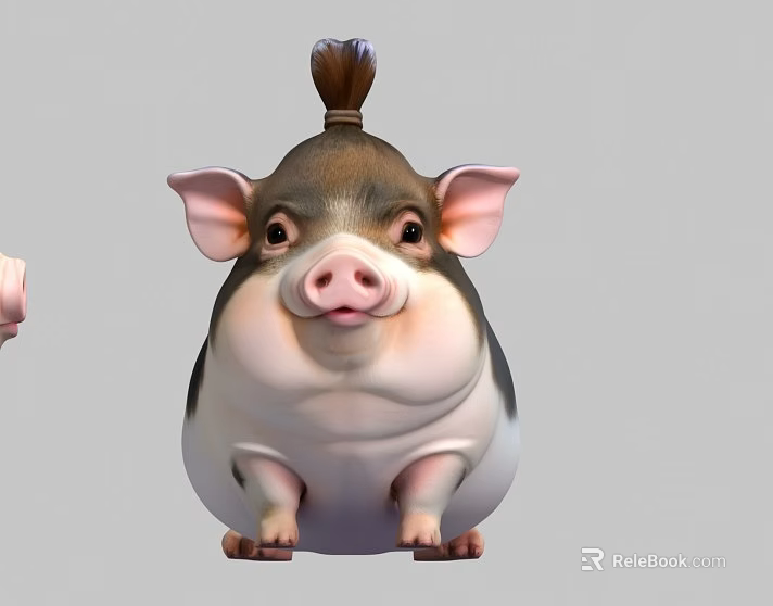 Cute Chubby Cartoon Pig Character With Pink Ears And Top Braid Design 3d model 