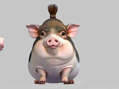 Cute Chubby Cartoon Pig Character With Pink Ears And Top Braid Design 3d model
