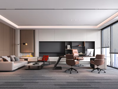Modern Office Interior Design With Sofa Desk Chairs Bookshelf And Floor to Ceiling Windows Blinds 3d model