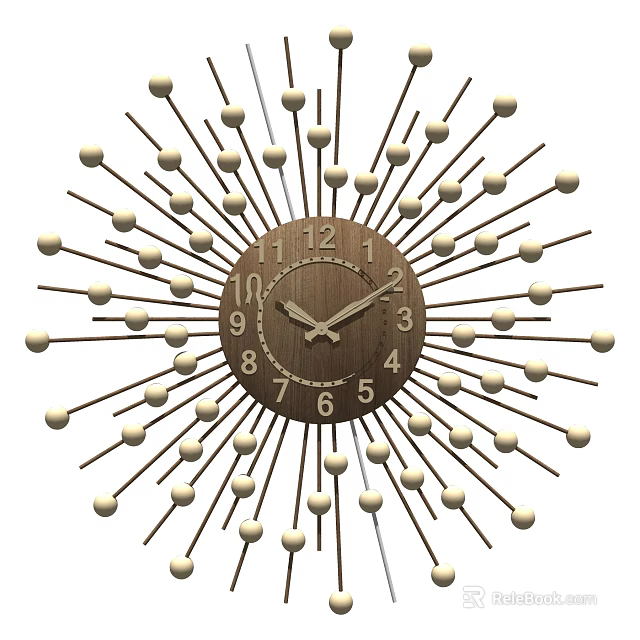 Wooden Wall Clock With Modern Radial Spikes And Decorative Round Elements 3d model 