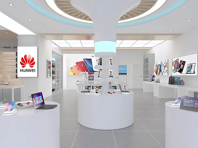 Modern Digital Store Interior With Huawei Smartphones Laptops Tablets And Circular Display Stands 3d model