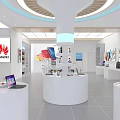 Modern Digital Store Interior With Huawei Smartphones Laptops Tablets And Circular Display Stands 3d model