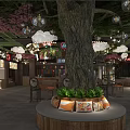 Food court dining area with LINK signage chandeliers green plants and brick counter