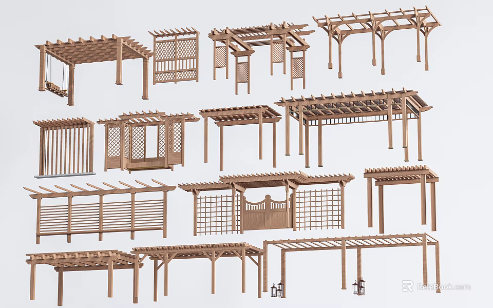 Different Outdoor Wooden Pergola Styles Featuring Lattice Panels And Roof Designs 3d model 