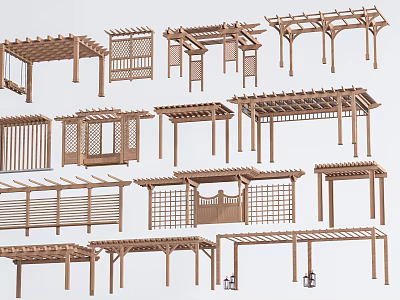 Different Outdoor Wooden Pergola Styles Featuring Lattice Panels And Roof Designs 3d model