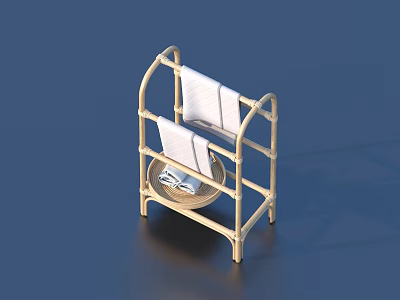 Beige Multi Tiered Towel Rack With Hanging Towels And Metal Basket 3d model