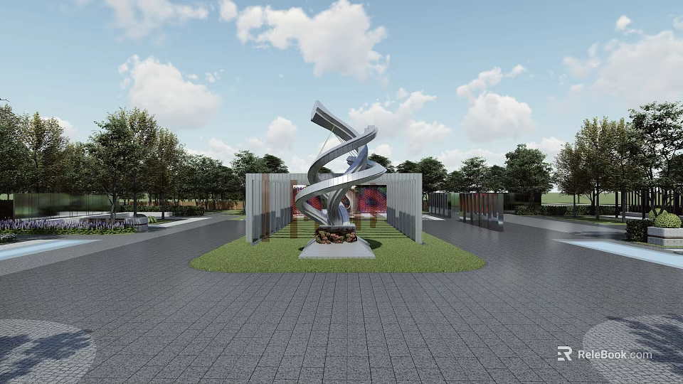 Modern Metal Sculpture In Outdoor Plaza With Green Grass And Trees 3d model 
