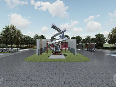 Modern Metal Sculpture In Outdoor Plaza With Green Grass And Trees 3d model