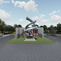 Modern Metal Sculpture In Outdoor Plaza With Green Grass And Trees