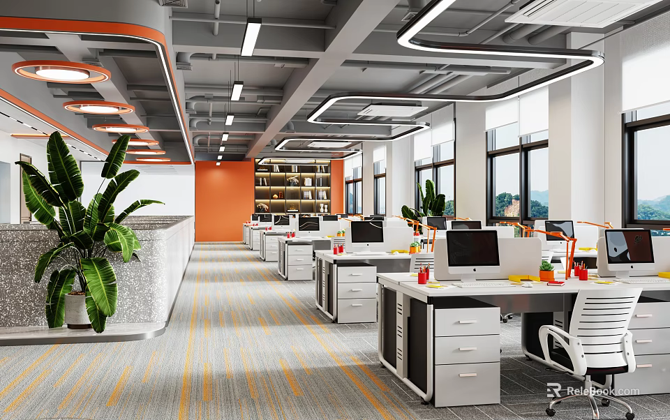 Modern Public Office Space With Orange Walls Gray Carpet Desks Computers Plants And Large Windows 3d model 