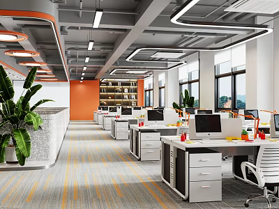 Modern Public Office Space With Orange Walls Gray Carpet Desks Computers Plants And Large Windows 3d model
