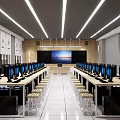 School Computer Classroom With Rows Of Desks Computers And Projector Screen 3d model