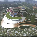 Aerial Planning of Modern Park with Green Roof Building Winding Walkways and Water Features