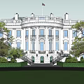 White House Exterior With Columns American Flag Lawn Circular Flower Bed And Fountain
