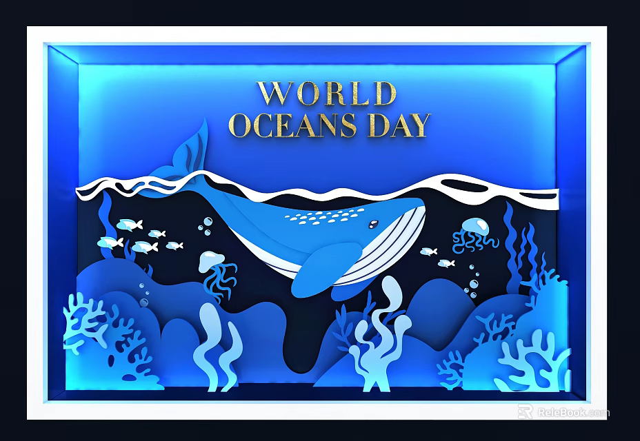 World Oceans Day Themed Window Display with Whale Marine Life Corals and Blue Waves 3d model 