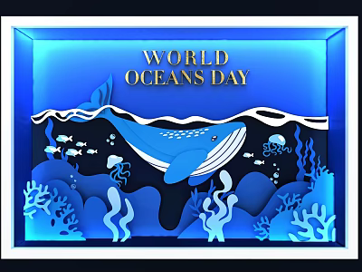 World Oceans Day Themed Window Display with Whale Marine Life Corals and Blue Waves 3d model
