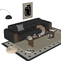 Modern Black Leather Three-Seater Sofa With Checkered Cushion Brown Blanket And Wooden Coffee Table