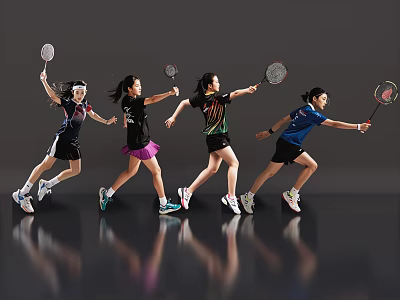 Women Playing Badminton In Dynamic Running Action With Rackets On Grey Background 3d model