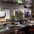 Modern Entertainment Room Interior With Dual Monitors Gaming Chair Desk Wall Art Shelves And Lighting