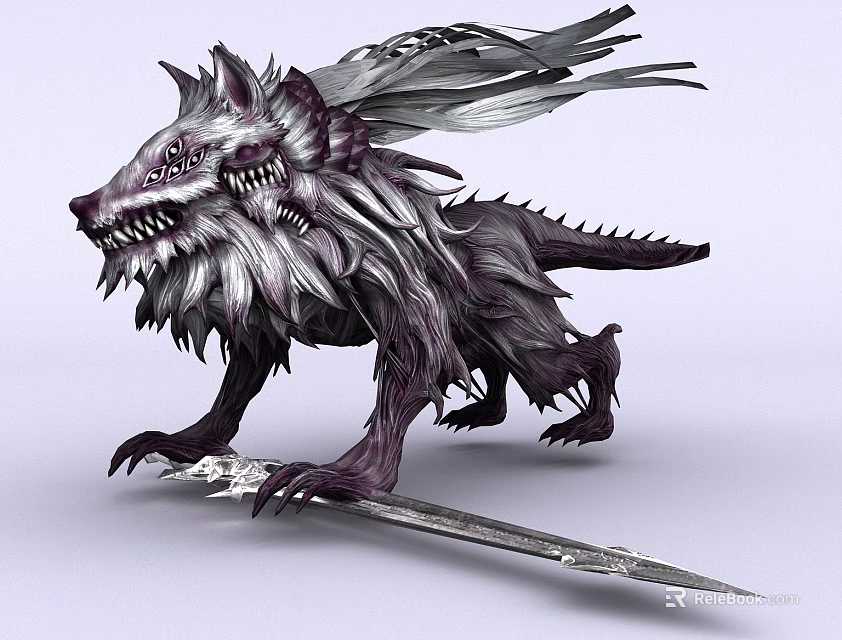 Mythical Reptile With Wolf Like Head Sharp Teeth Feathered Wings Clawed Paws Standing Over Sword 3d model 