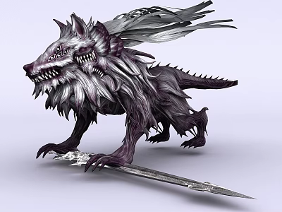 Mythical Reptile With Wolf Like Head Sharp Teeth Feathered Wings Clawed Paws Standing Over Sword 3d model