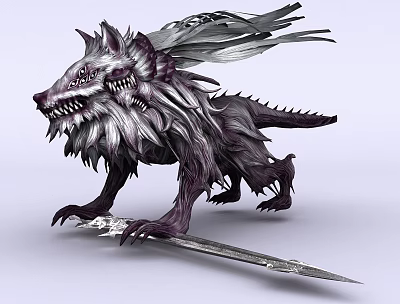 Mythical Reptile With Wolf Like Head Sharp Teeth Feathered Wings Clawed Paws Standing Over Sword 3d model