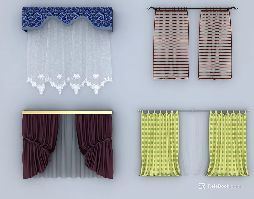 Various Curtain Designs With Different Patterns Colors And Styles For Home Decor 3d model
