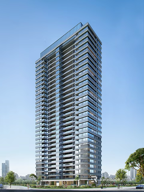 Modern High Rise Residential Building With Glass Windows And Balconies Against Clear Blue Sky 3d model 