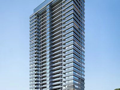 Modern High Rise Residential Building With Glass Windows And Balconies Against Clear Blue Sky 3d model