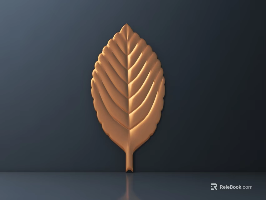 Golden Metallic Leaf Shaped Carving with Intricate Vein Patterns on Dark Background 3d model 