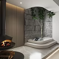 Modern Basement Interior Design With Comfortable Sofa Coffee Table Projector Screen And Lighting