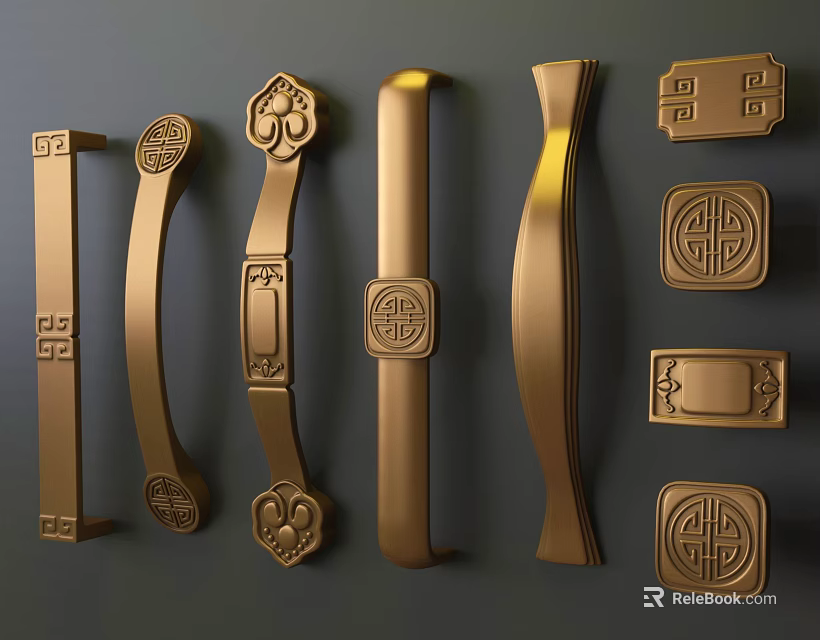 Golden Cabinet Handles With Various Traditional Patterns And Fortune Designs 3d model 