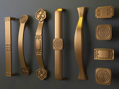 Golden Cabinet Handles With Various Traditional Patterns And Fortune Designs 3d model