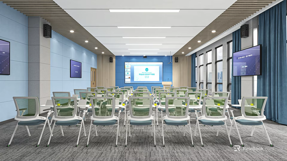 Modern School Classroom Interior With Rows of Seats Projector Screen And Blue Walls 3d model 