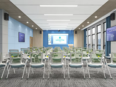 Modern School Classroom Interior With Rows of Seats Projector Screen And Blue Walls 3d model