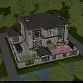 Traditional Detached Villa Exterior With Lush Trees Lawn And Pink Flower Courtyard