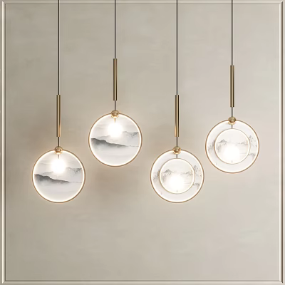 Elegant Modern Pendant Lights With Round Textured Glass And Gold Frames 3d model