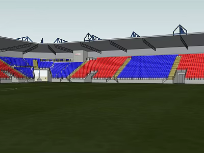 Modern Stadium Design With Red Blue Seats Green Lawn And Roof Structure 3d model