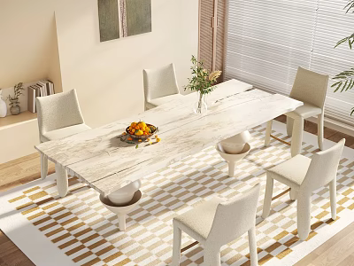 Modern Dining Table Set with White Chairs Fruit Platter and Flower Vase on Geometric Rug 3d model