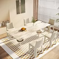 Modern Dining Table Set with White Chairs Fruit Platter and Flower Vase on Geometric Rug